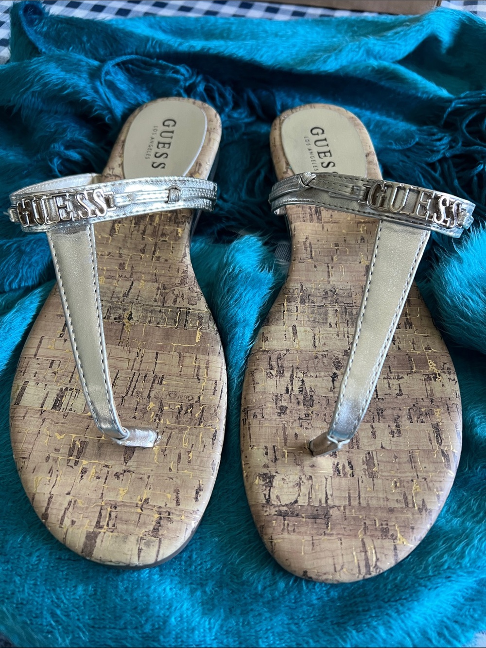 GUESS Metallic Silver Cork-Print Thong Sandals NWOT